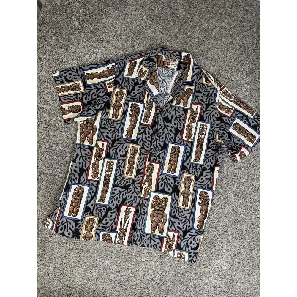 Hilo Hattie Shirt Mens 3XL Tiki God Print Short Sleeve Button Up Rayon